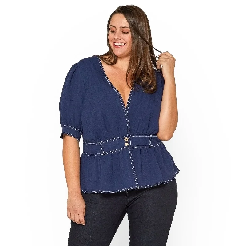 Chic Women's Clothing Online Plus Size Puff Shoulder Button Front Peplum Top in Navy