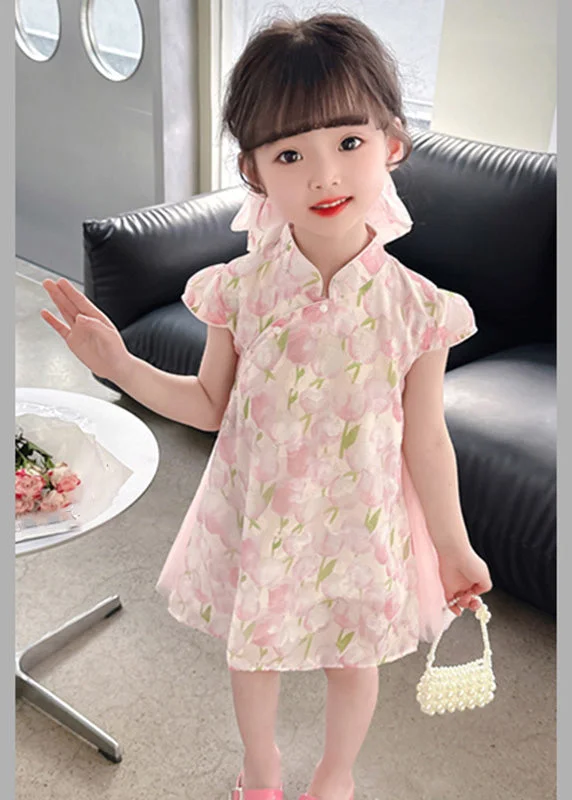 Cool Prices Style Pink Stand Collar Print Tulle Patchwork Button Girls Mid Dress Short Sleeve