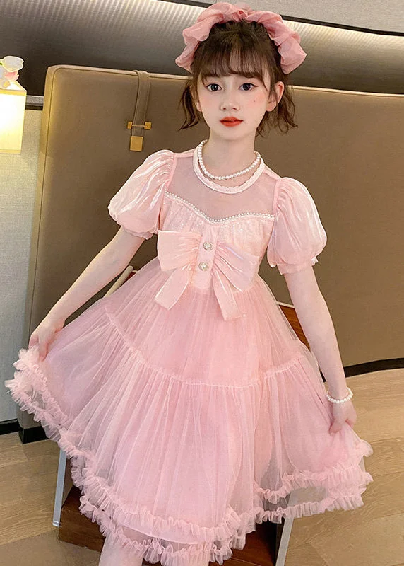 Huge Discounts This Week Boutique Pink Puff Sleeve Patchwork Tulle Baby Girls Maxi Dress Summer