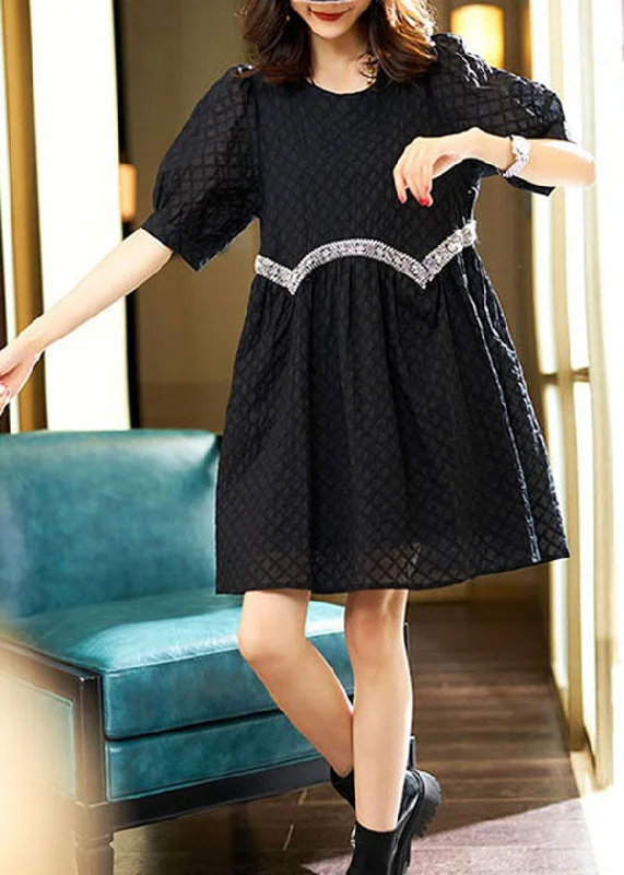 Wardrobe Essentials Cute Black O Neck Zircon Patchwork Cotton Dresses Summer