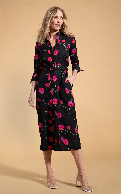 Explore What's New Alva Midi Shirt Dress in Poppies on Black