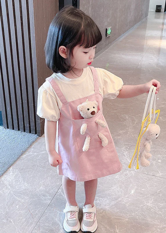 Stylish Looks Lovely Pink O Neck Patchwork Cotton Kids Girls Dresses Summer