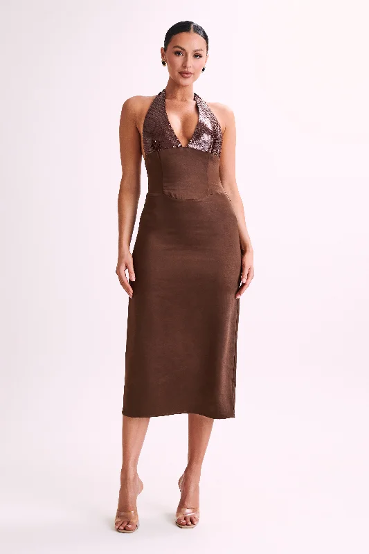 Clothes For Women Ebony Satin Midi Dress With Sequins - Chocolate