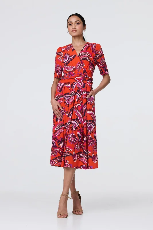 Women's Stylish Outerwear Tropical Print Faux Wrap Midi Dress