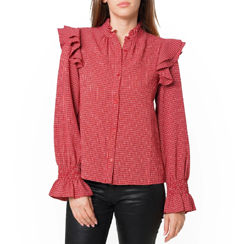 Women's Trendy Outfits Women's Ruffle Detailed Plaid Shirt in Red