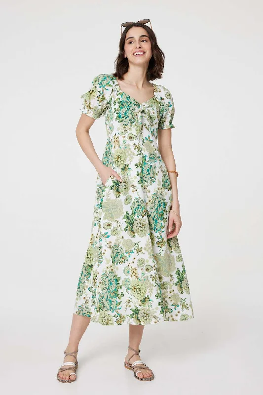 Women's Clothing Floral Tie-Front Short Sleeve Midi Dress