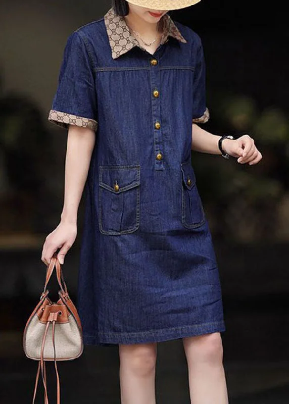 Everyday Fashion Modern Navy Peter Pan Collar Patchwork Denim Mid Dress Summer