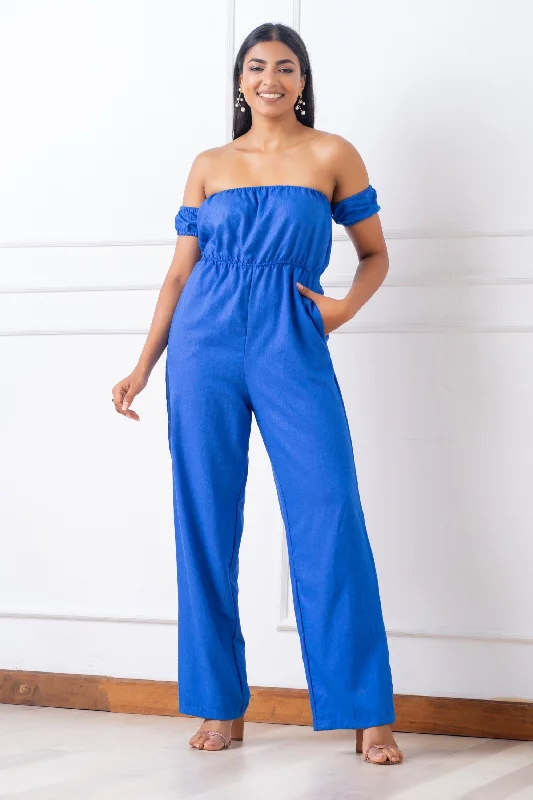 Comfort Meets Fashion Blue Off Shoulder Jumpsuit - Regular Fit