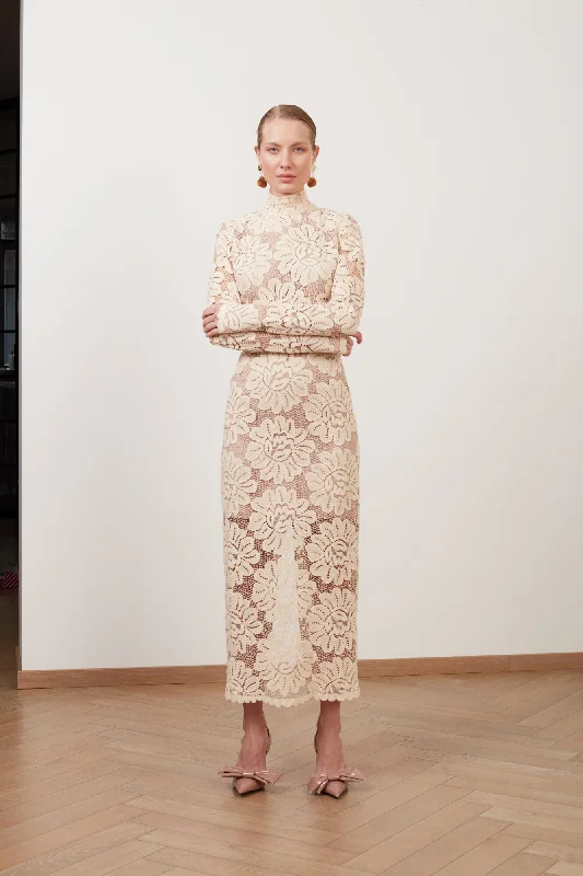 Must Haves ELENA cream floral lace midi dress with turtleneck