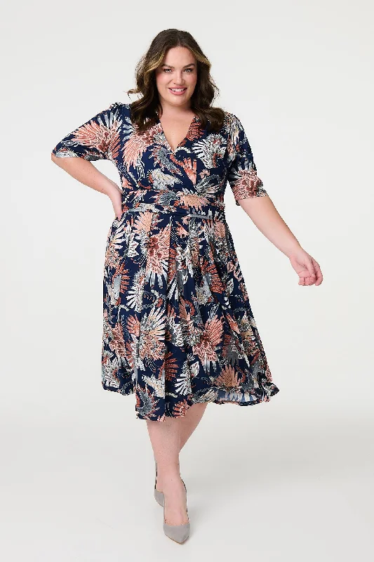 Effortless Everyday Wear Tropical Print 1/2 Sleeve Midi Wrap Dress