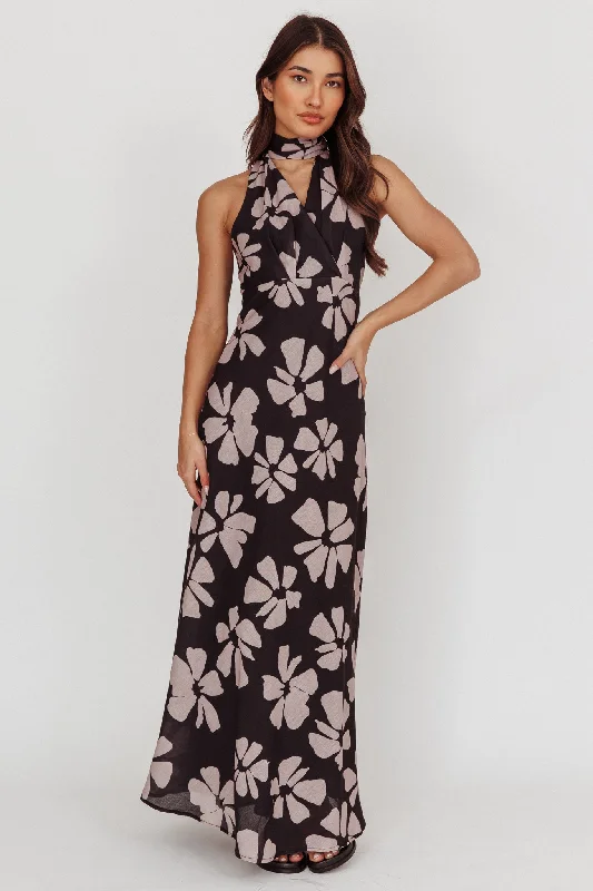 Embrace New Fashion Italia Azure Halterneck Floral Maxi Dress Black