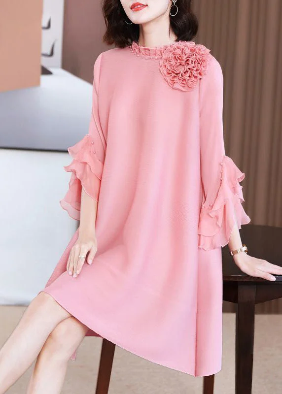 Sophisticated Fashion Elegant Pink Stand Collar Floral Nail Bead Vacation Dresses Petal Sleeve