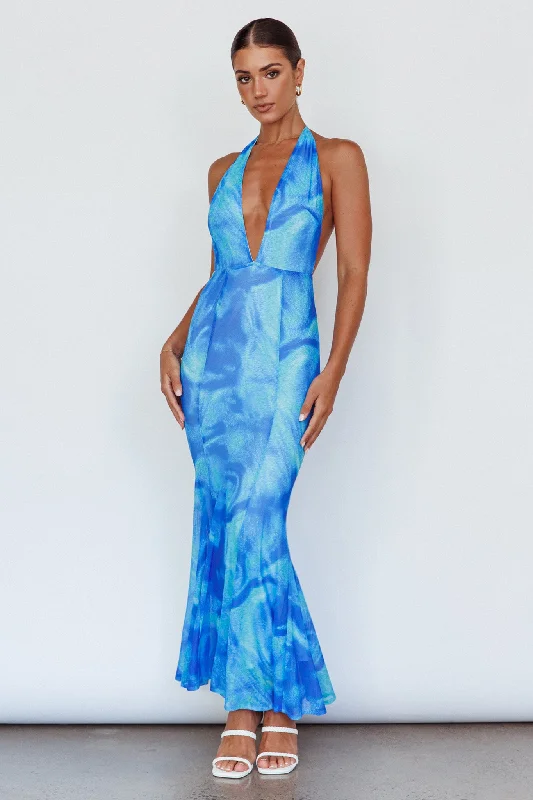 Glamorous Evening Wear Mayah Halterneck Maxi Dress Printed Blue