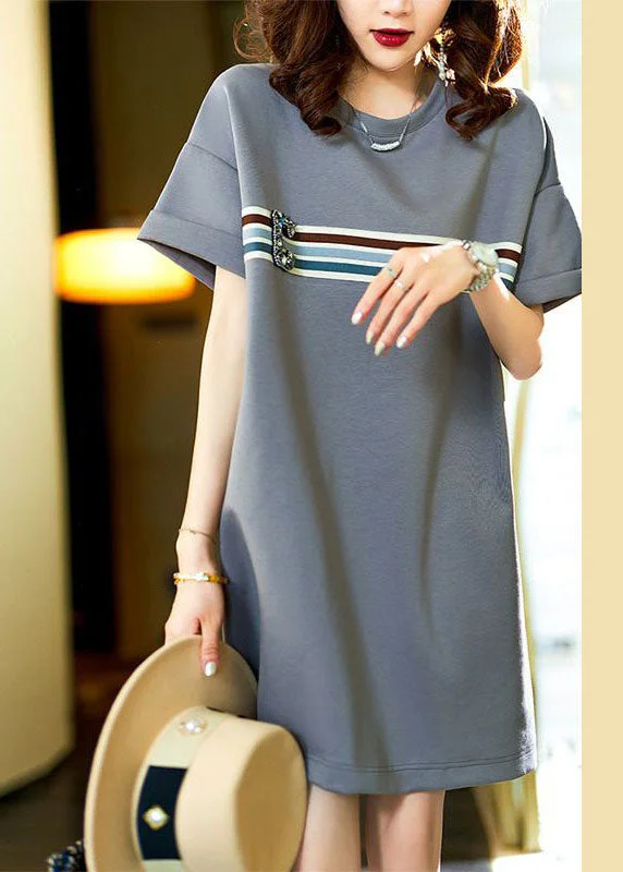 Winter Wardrobe Clearance Casual Grey O Neck Zircon Patchwork Cotton T Shirt Dresses Summer