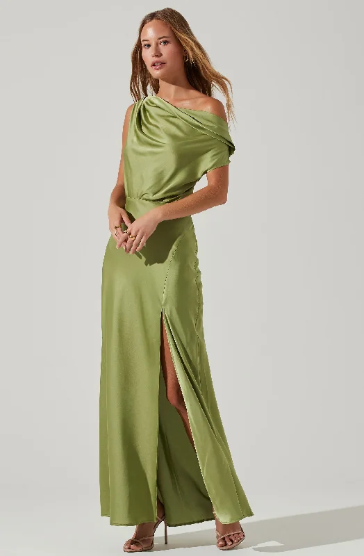 Elegant Styles Monroe Satin Off Shoulder Maxi Dress