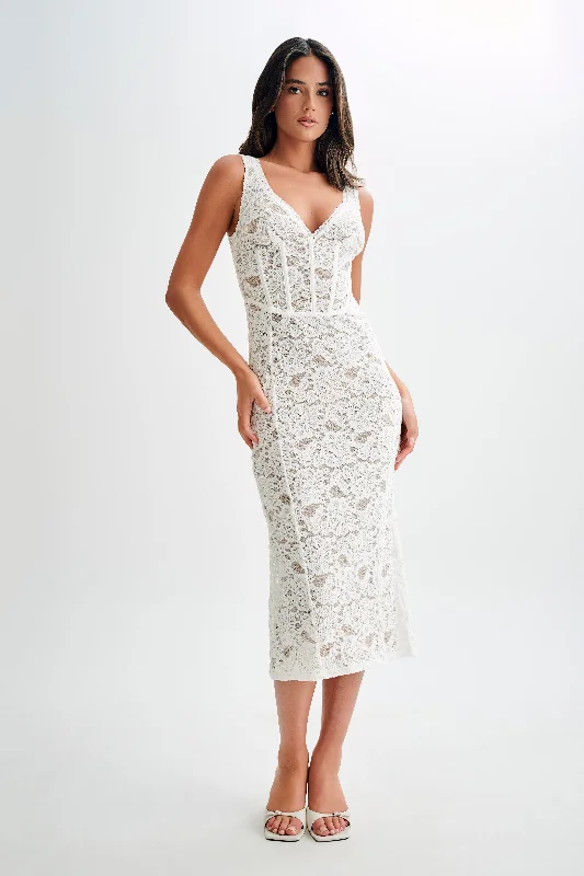 Clothes Women Doria Lace Plisse Midi Dress - Ivory