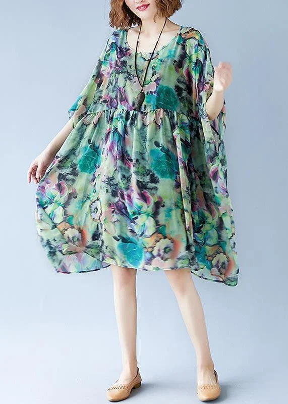 Bold and Elegant Women's Fashion Plus Size Green O Neck Print Patchwork Chiffon Dresses Summer