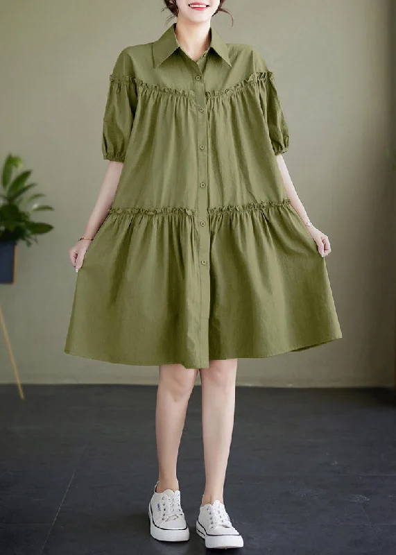 Contemporary Women's Clothing Boho Green Ruffled Patchwork Wrinkled Solid Cotton Mid Dress Summer