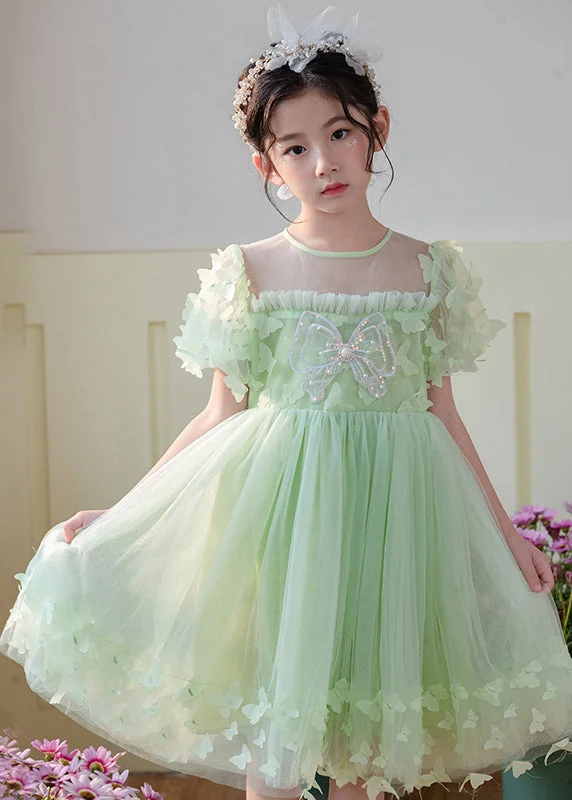 Mega Sales Art Grass Green Butterfly Hollow Out Tulle Kids Girls Dress Summer