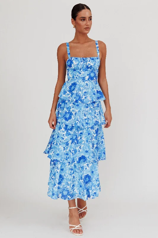 Bold Fashion Provence Bloom Tiered Floral Maxi Dress Blue