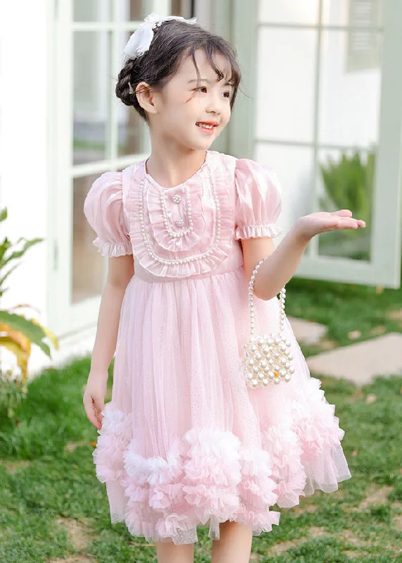 Trendy Women's Apparel Boutique Pink Puff Sleeve Nail Bead Tulle Baby Girls Mid Dress Summer