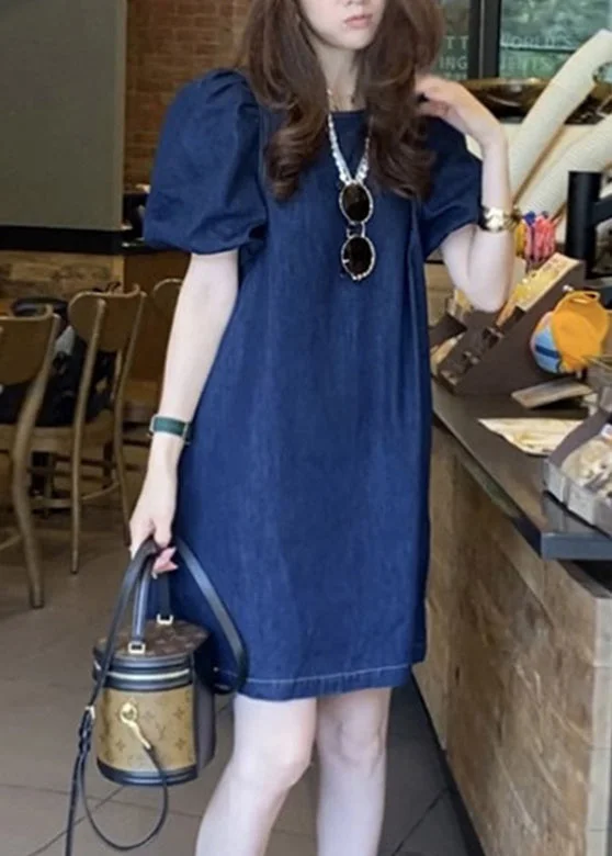 Enjoy Discount Plus Size Blue O-Neck Patchwork Cozy Mid Denim Dresses Short Sleeve