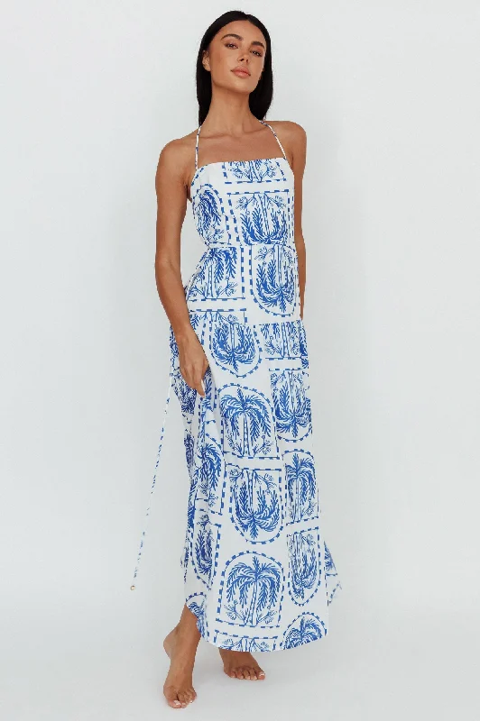 Urban Femme Streetwear Natasia Halterneck Maxi Dress Palm Print Blue