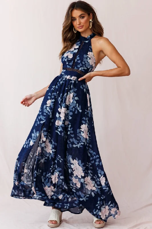 Best Online Boutiques Baylor Floral Halterneck Maxi Dress Navy