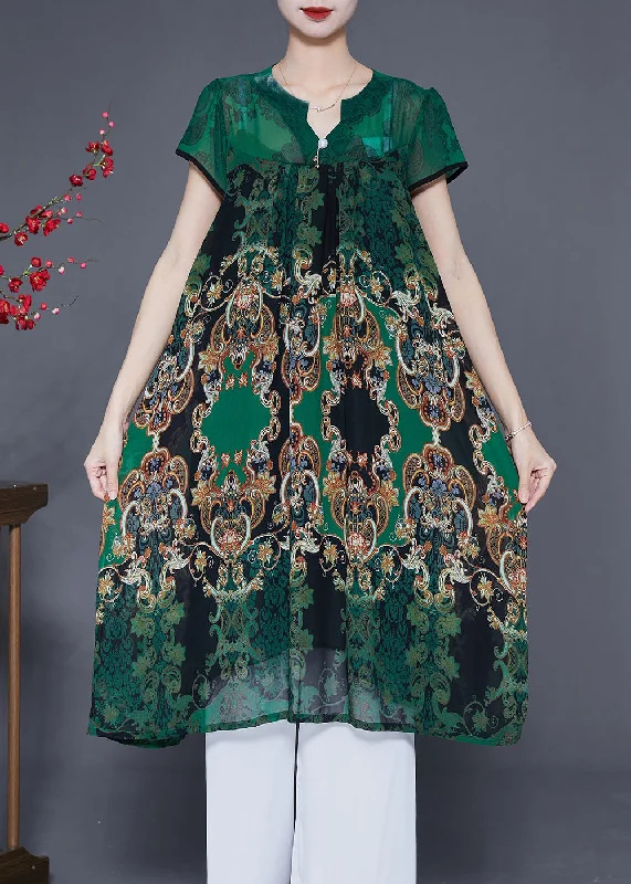 Flash Discount Women Green V Neck Print Chiffon Holiday Dress Summer