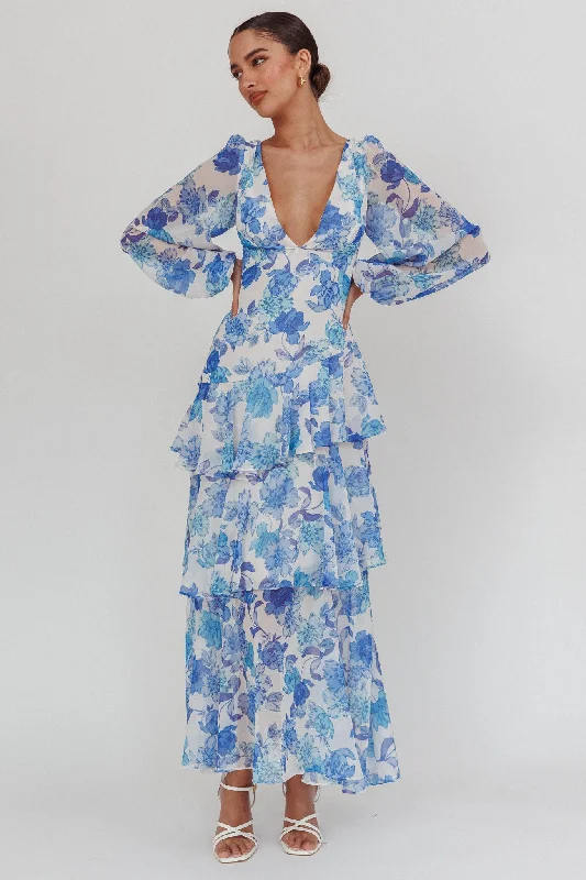 Chic Style, Always In Vogue Veda Long Sleeve Floral Tiered Ruffle Maxi Dress Blue