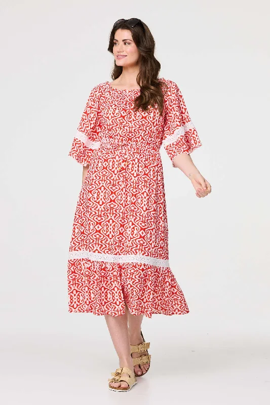 Special Offers, Don't Miss Printed Relaxed Lace Trim Midi Dress