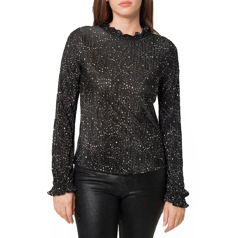 Everyday Women's Fashion Trends Women's Long Sleeve Mock Neck Lettuce Edge Top In Black Gold