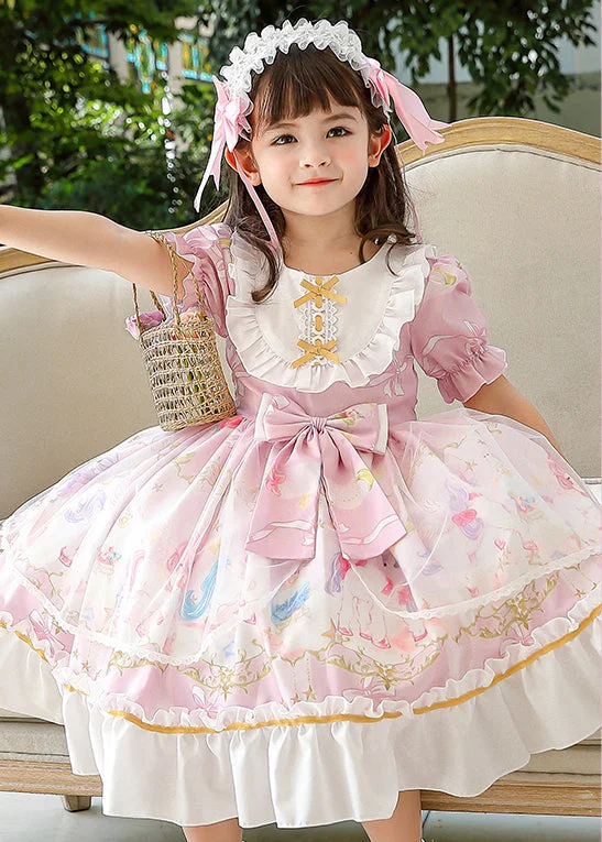 High-Quality Women's Fashion Dresses Boutique Pink Puff Sleeve Print Bow Chiffon Kids Girls Maxi Dresses Summer