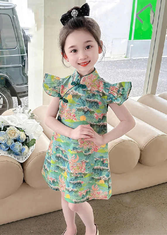 Special Occasion Wear Green Print Patchwork Kids Vacation Mid Dress Short Sleeve