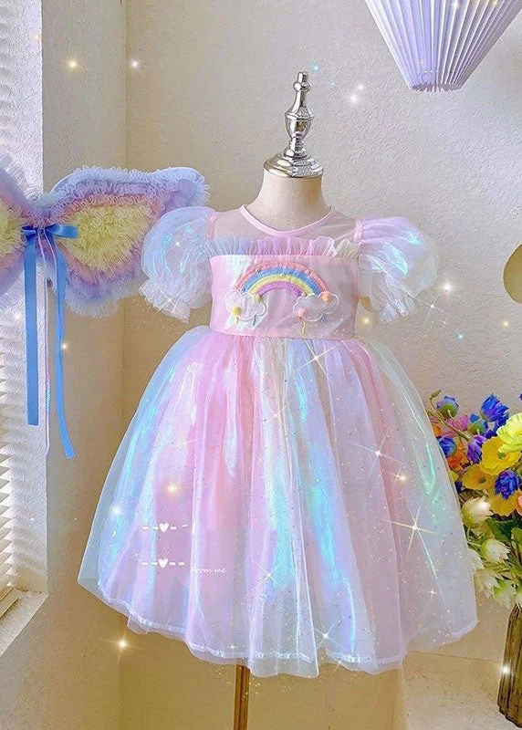 Seasonal Picks Cute Rainbow Ruffled Patchwork Tulle Baby Girls Dresses Summer