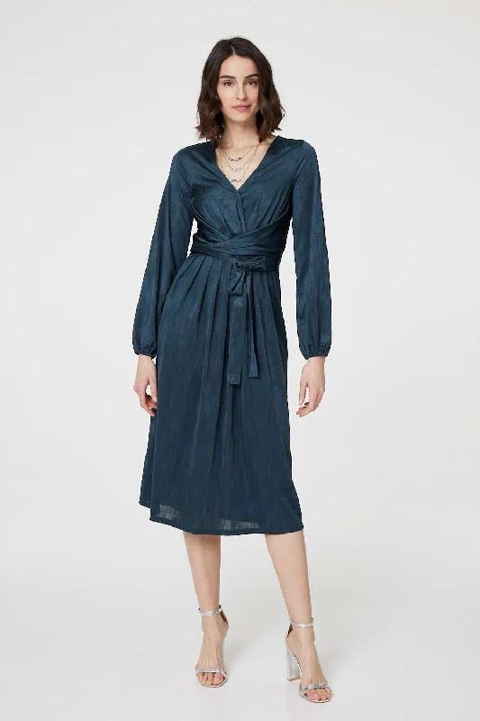 Trend Alert Ruched Long Sleeve Midi Wrap Dress