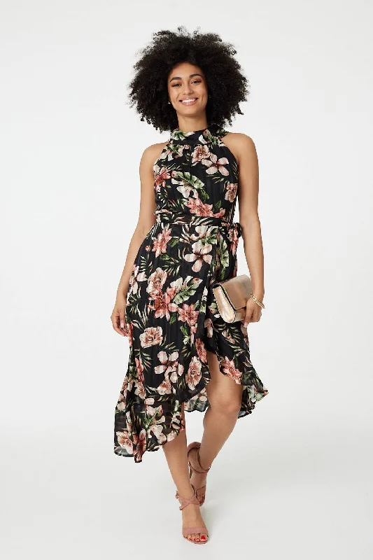 Discount Price Floral Asymmetric Halter Neck Midi Dress