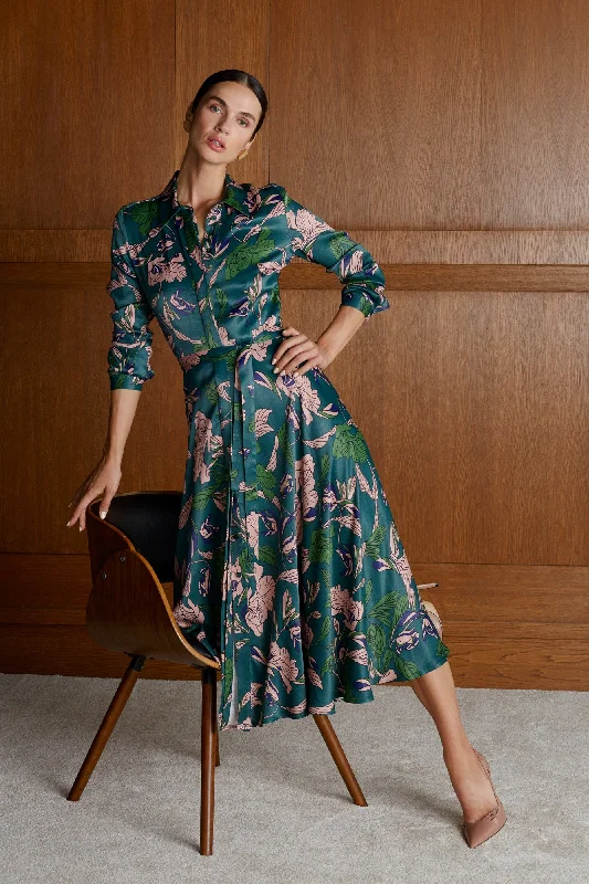 Stylish Women's Clothes for Work and Play BRUNA floral printed green midi shirt dress