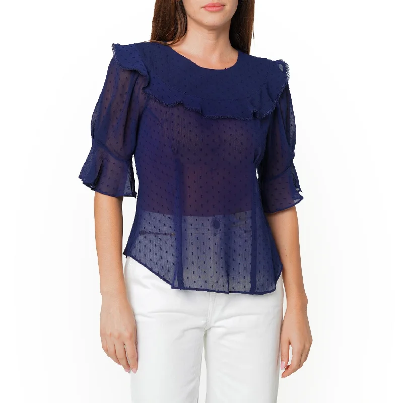 Fashion-forward Women's Clothing Women's Swiss Dot Ruffle Sleeve Top in Midnight