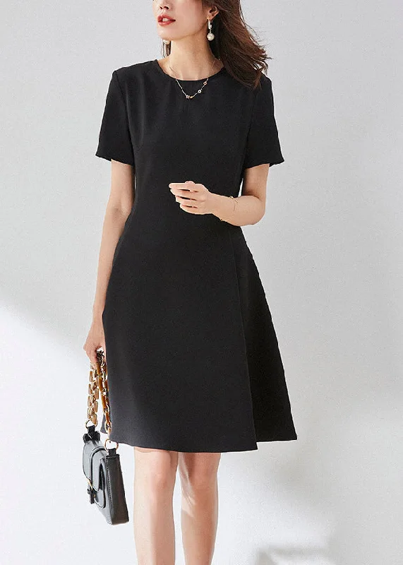 Fashion Essentials Vogue Black O-Neck Solid Mid Dress Summer