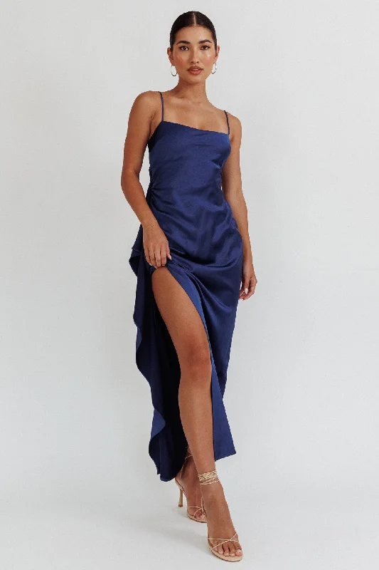 Discount Price Night Swim Satin Leg Slit Maxi Dress Navy