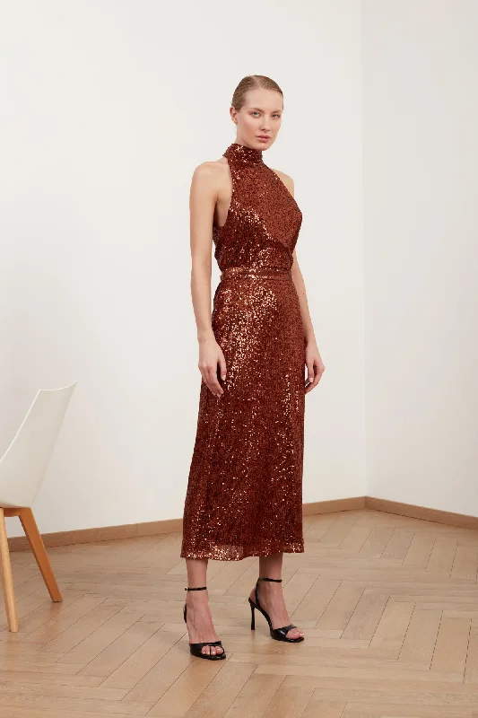 Sale Clothes Online BRIANNA brown sequin bodycon midi dress with turtleneck