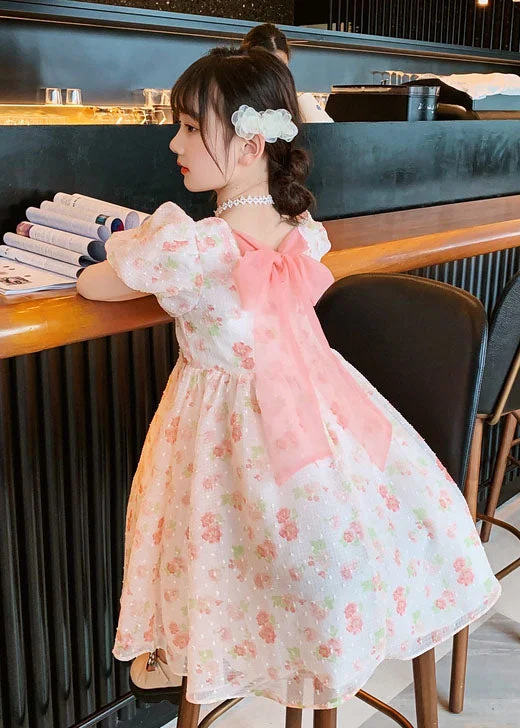 Evening Looks Fashion Pink O Neck Print Patchwork Chiffon Kids Girls Princess Dress Summer