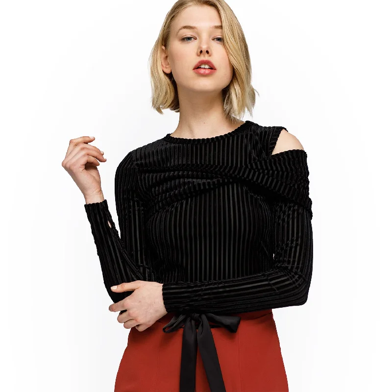 Casual Women's Clothing Open Shoulder Stripe Velvet Top