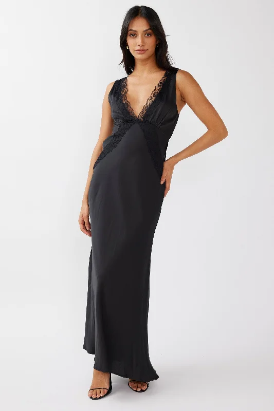 Trend Setting Wardrobe Ivonne Lace Trim V-Neck Maxi Dress Black