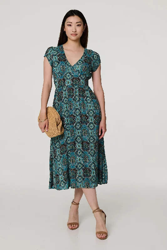 Versatile Wardrobe Essentials Printed V-Neck Cap Sleeve Midi Dress