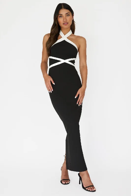 Catch Every Fashion Trend Eleganza Halterneck Contrast Maxi Dress Black