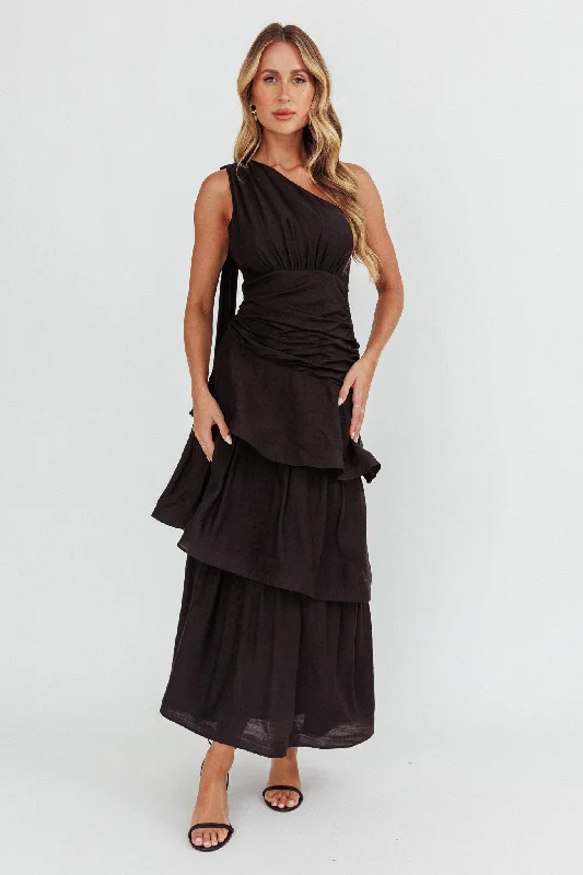 Innovate Your Wardrobe Kenny One Shoulder Tiered Maxi Dress Solid Black