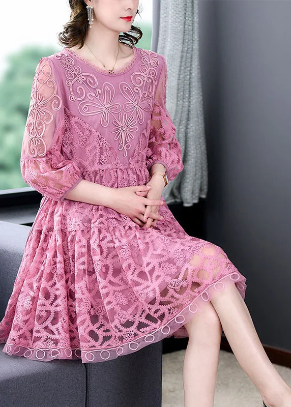 Seasonal Women's Fashion Trends Women Pink Embroideried Tie Waist Lace Mid Dress Bracelet Sleeve