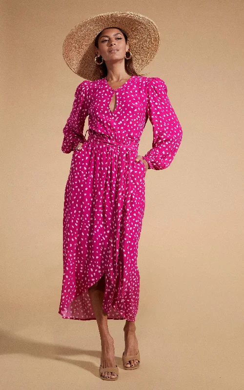 Trend Setting Wardrobe Mabel Midaxi Mock Wrap Dress in Odd Dot Pink on Magenta